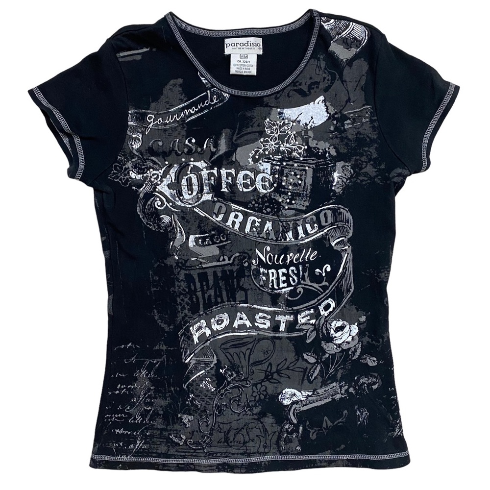 Y2K Grunge Coffee Black and White Studded Graphic Tee